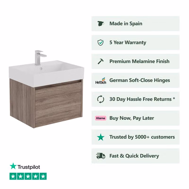 Banyetti Mino 600mm Wall Hung Vanity Unit with Veneto 1TH Basin, Nebraska Oak in Brown – 2