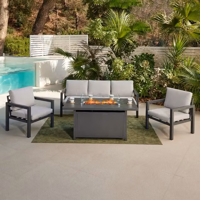 Del Fiore Luxury Grey Garden Furniture Set with 3 Seater Sofa, 2 Armchairs, Fire Pit Table and Garden Cover
