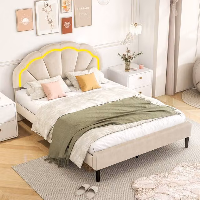 Costway Modern Upholstered Velvet Bed Frame with Under-Bed LED Lighting, Beige, W/D/H: 180 x 200 cm
