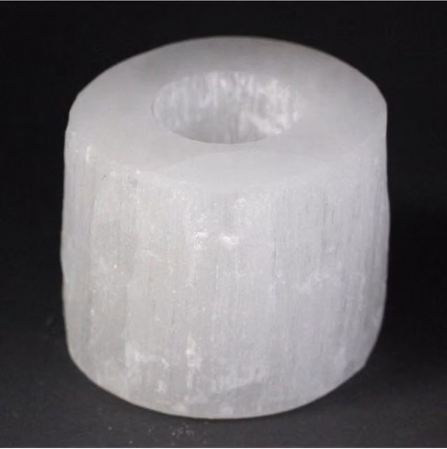KDMD White Translucent Selenite Stone Tealight Candle Holder, Round Tabletop Decor, Diameter: 8 cm