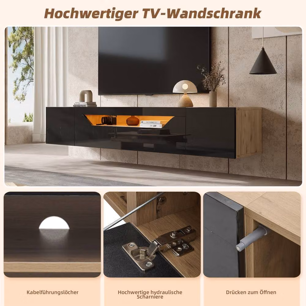 Rolipo Black High Gloss Wall Mounted Floating TV Stand with Integrated Lighting, Width: 180 cm – 3