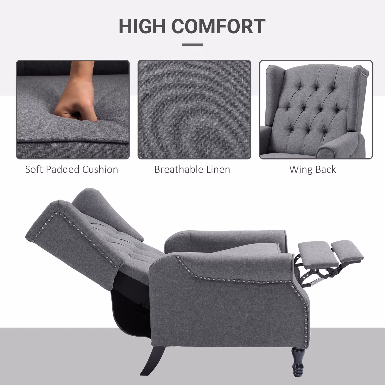 HOMCOM Grey Fabric Recliner Armchair with Integrated Footrest and Armrests – 5