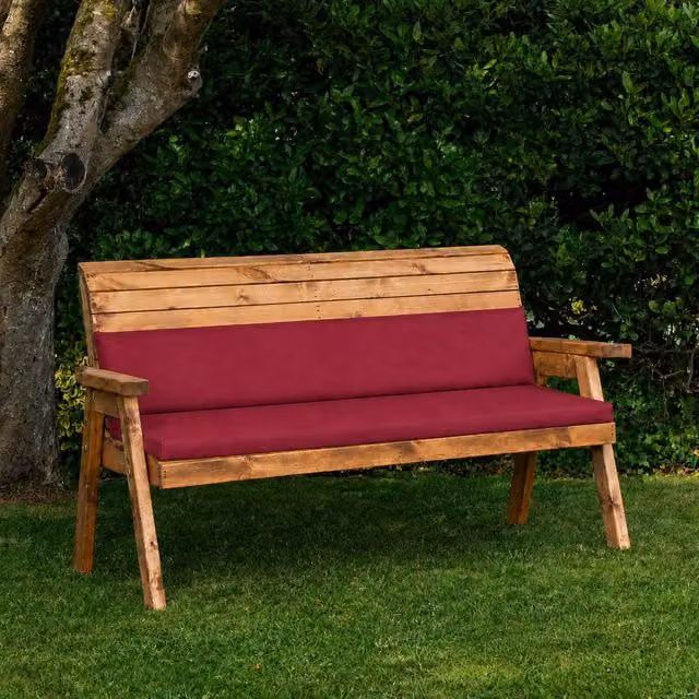 Samuel Alexander 3 Seater Rustic Wooden Garden Bench with Waterproof Burgundy Fabric Cushions – 1