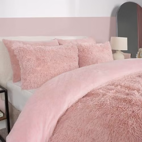 OHS Pink Teddy Fleece King Size Duvet Cover and Pillowcase Set, Reversible Soft Shaggy Thermal Bedding, W/D/H: 180 x 200 cm