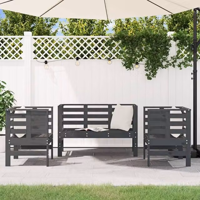 Berkfield Home Beautiful 3 Piece Grey Solid Pine Wood Garden Lounge Set with Cushions