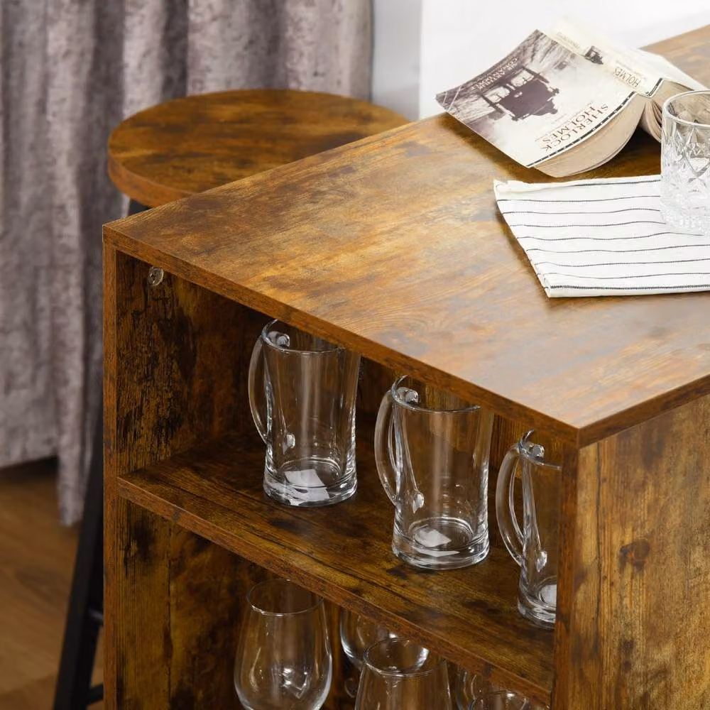 Wyld Haus Vasori 3 Piece Industrial Bar Table and Chairs Set with Storage Shelves in Brown and Black – 8