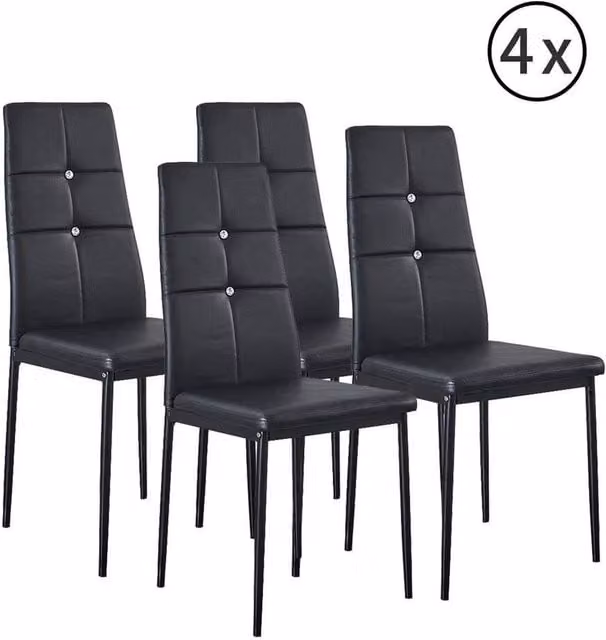 FLAVORA Set of 4 Black Faux Leather Dining Chairs with Metal Legs – 1