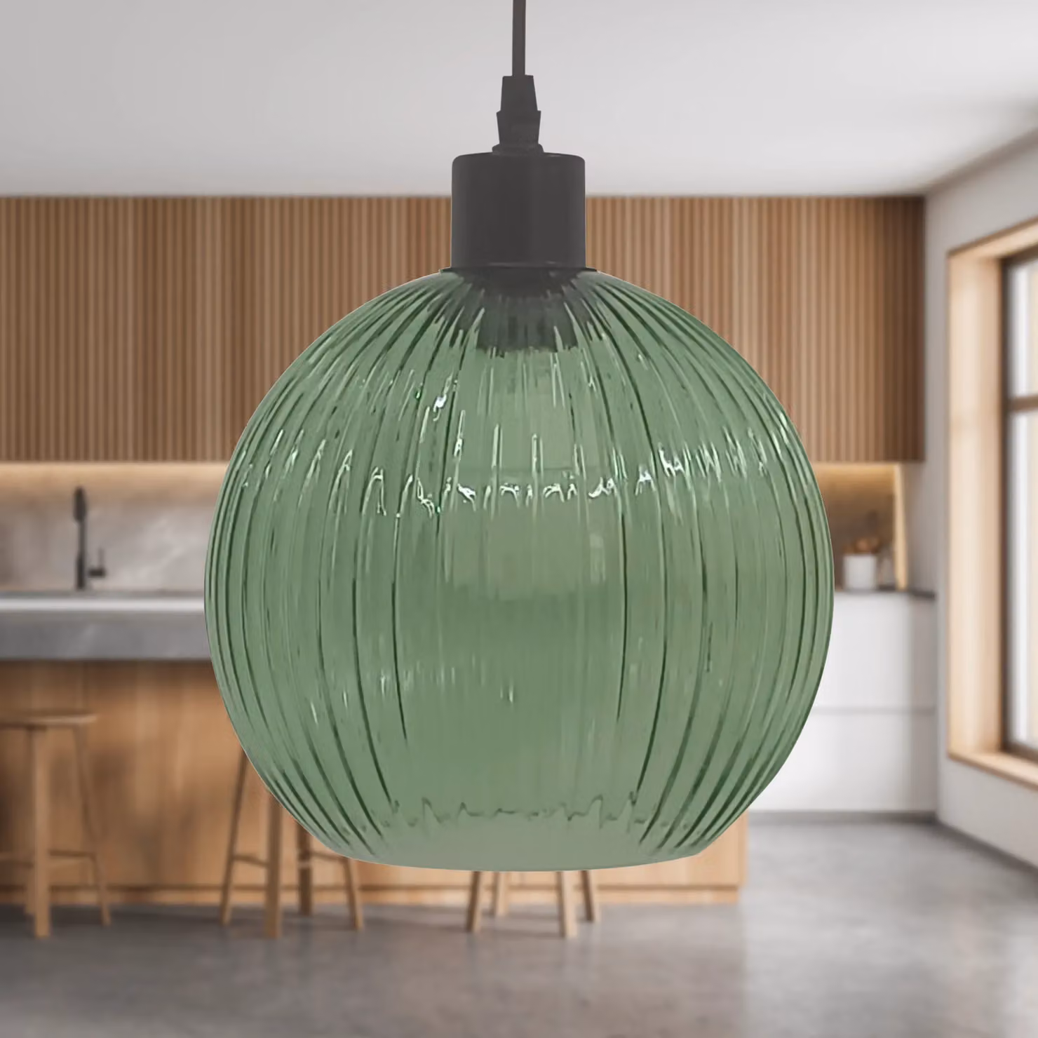 First Choice Lighting Betchley Green Ribbed Glass Sphere Pendant Light with Black Fitting – 2
