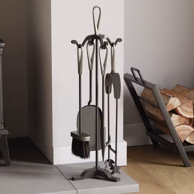 Home Discount Fire Vida 5 Piece Buxton Companion Set Fireplace Tools in Metallic Silver