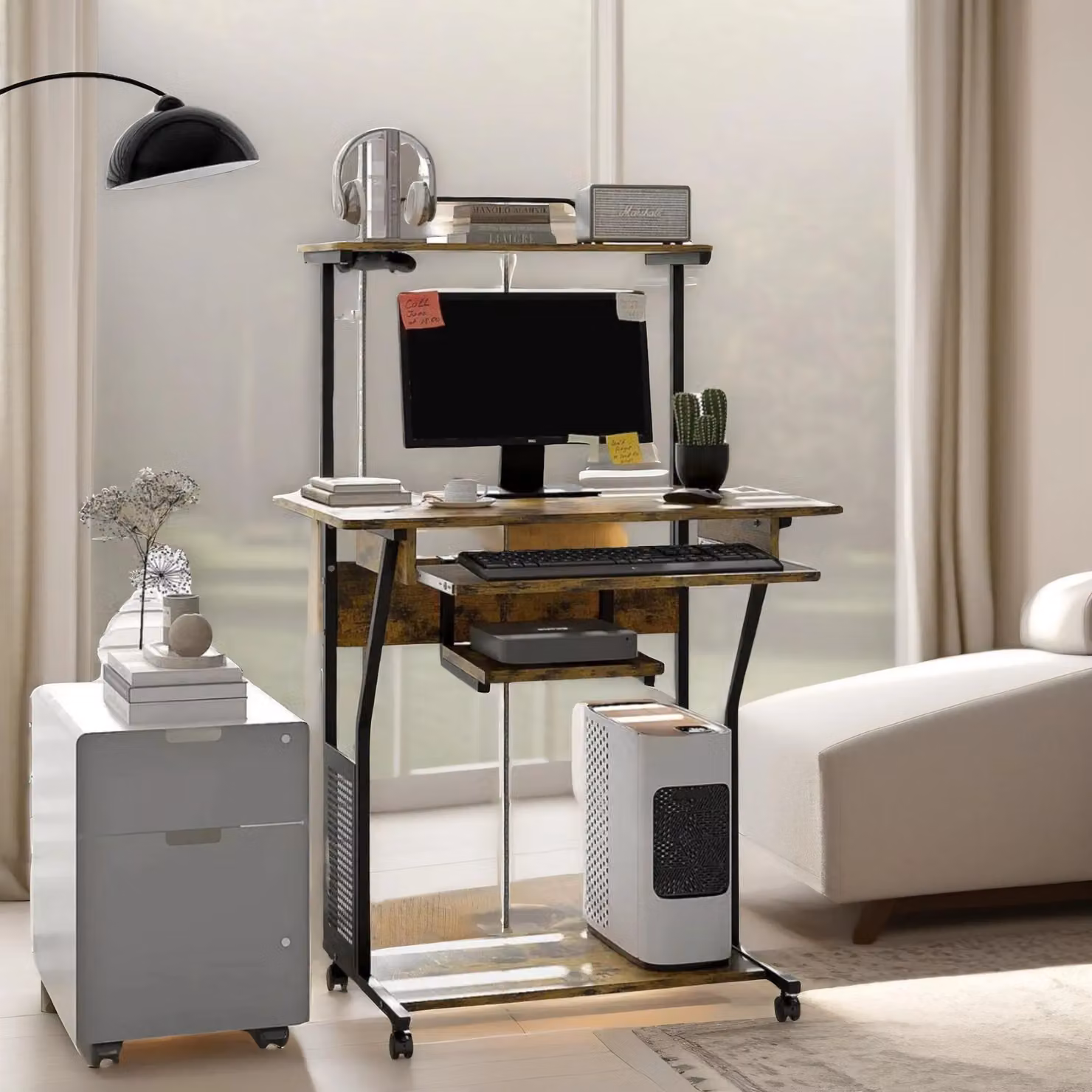 FURNOS Industrial Rolling Computer Desk with Keyboard Tray and Shelves in Brown, W/D/H: 130 x 50 x 76 cm – 2