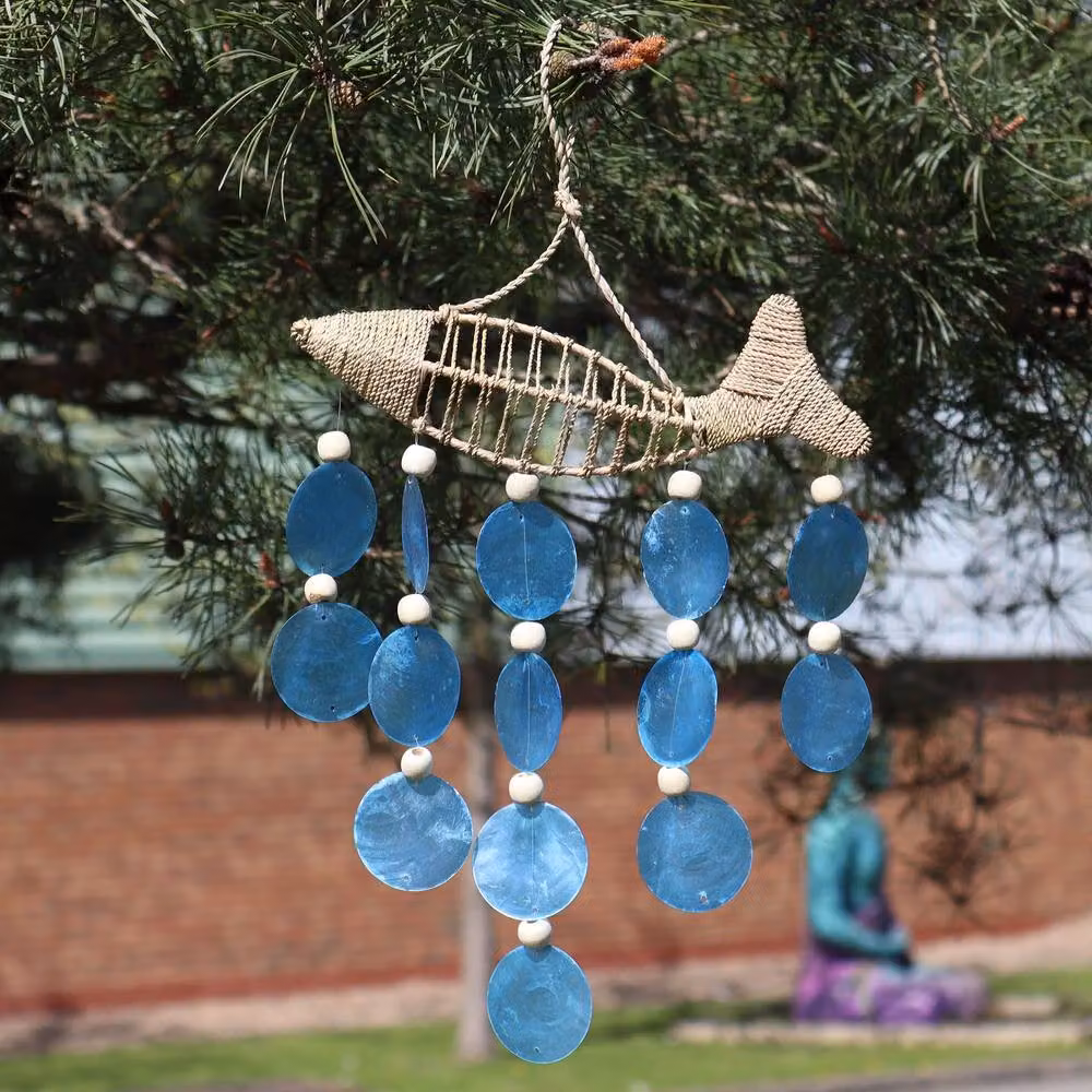 Serenityy Blue Fish and Beads Driftwood Wind Chime with Glass and Wood Details – 2