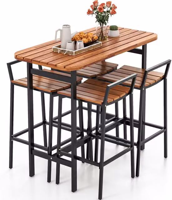 Costway 5-Piece Acacia Wood Outdoor Bar Table and Chairs Set in Natural Brown