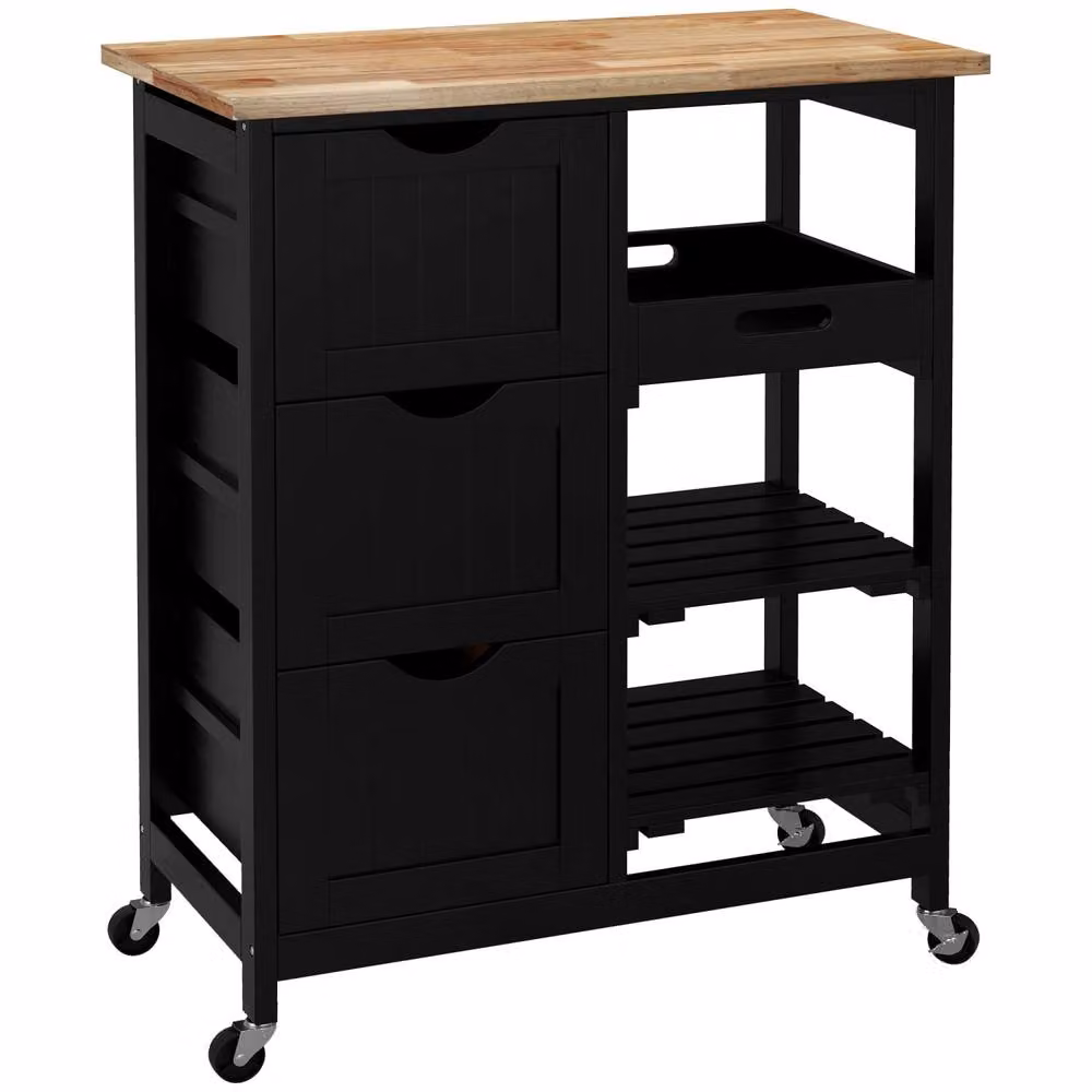 Wyld Haus Compact Rolling Kitchen Island with Black Lacquered Rubberwood Top, 3 Drawers and 2 Shelves, W/D/H: 67.0 x 37.0 x 85.5 cm – 2