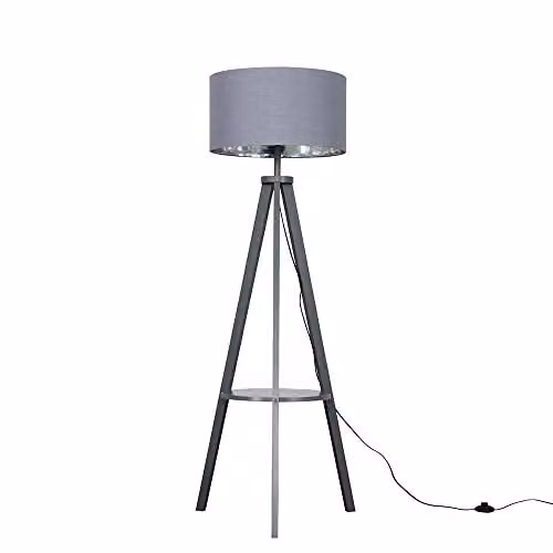 MiniSun Modern Grey Wood Tripod Floor Lamp with Storage Shelf and Grey/Chrome Drum Shade, including 6W Warm White LED Bulb