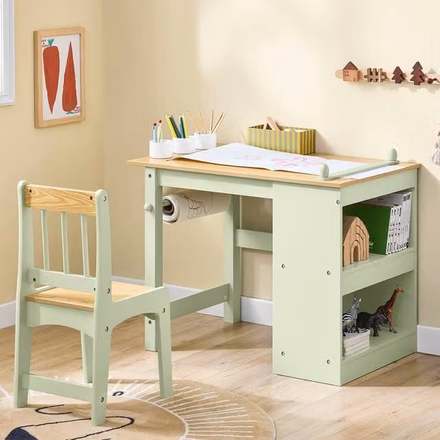 SoBuy Childrens Activity Desk and Chair Set with Shelves in Green – 1