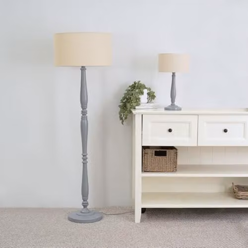 ValueLights Traditional Grey Wood Candlestick Floor Lamp with Beige Fabric Drum Shade and LED Bulb, H 155 cm x W 45 cm x D 45 cm – 2