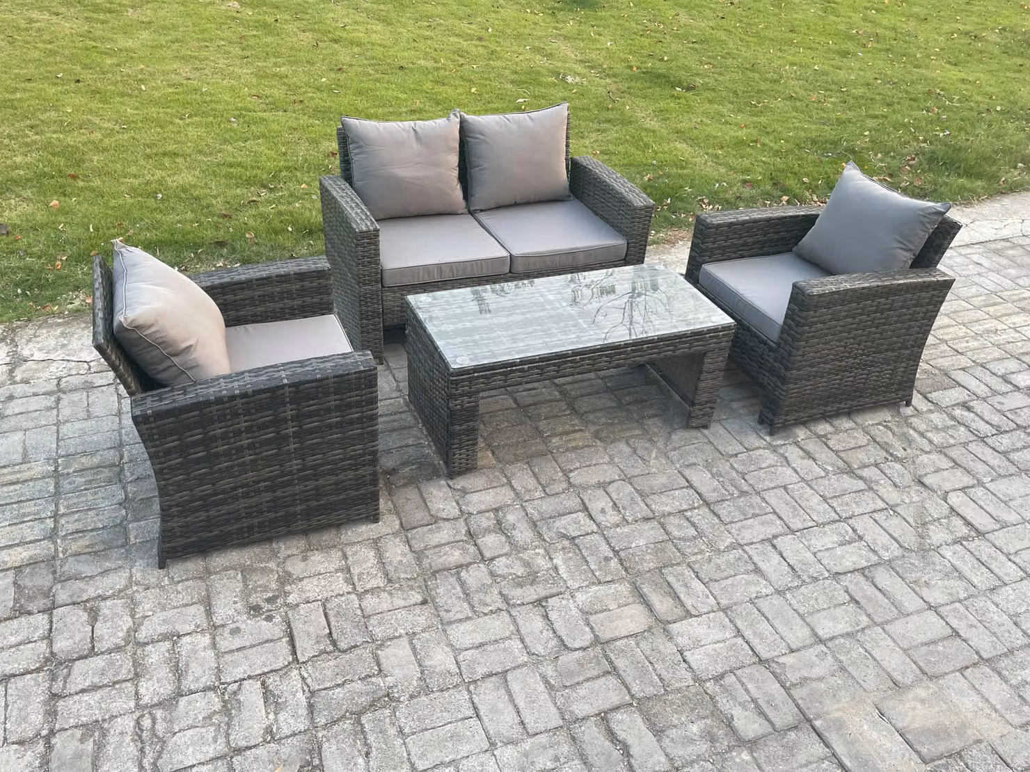 Fimous 4 Seater Rattan Garden Furniture Set with Coffee Table and Upholstered Cushions in Dark Grey