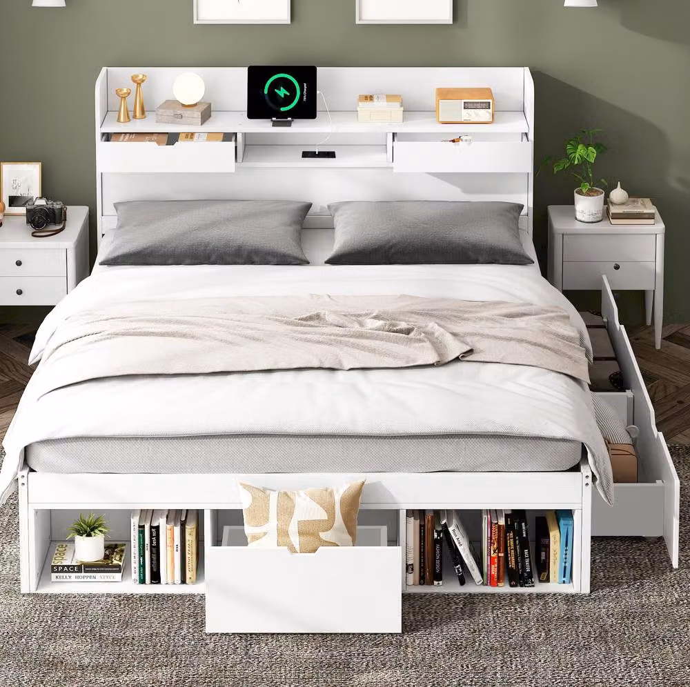 STILVORA Double Bed with USB Charging Port and Side Compartment Storage in White, W/D/H: 140 x 200 cm – 2
