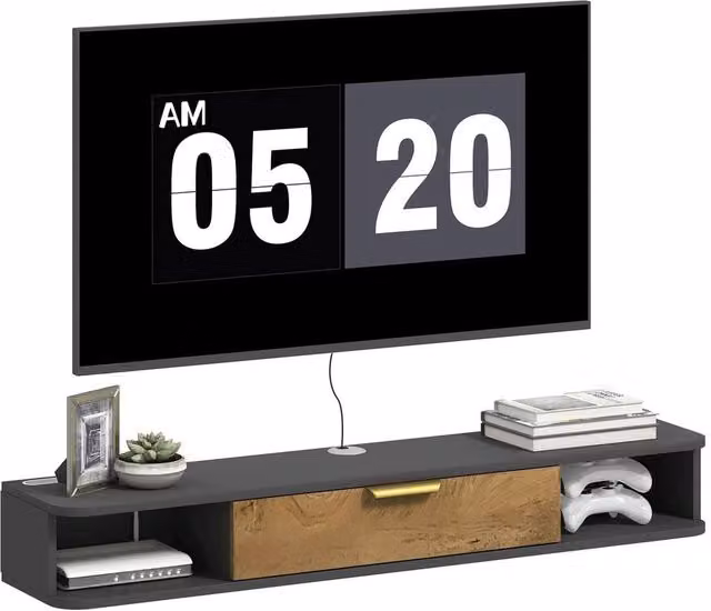 KORVIXA Black Wood Minimalist Wall Mounted Floating TV Stand with Media Compartments W/D/H: 140 x 100 x 100 cm