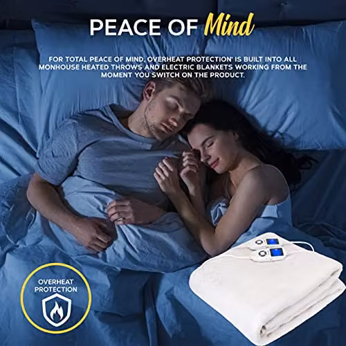 MONHOUSE Premium Soft Fleece Electric Heated Under Blanket with Dual Controllers and 9 Heat Settings, White, W/D/H: 180 x 150 x 200 cm – 2