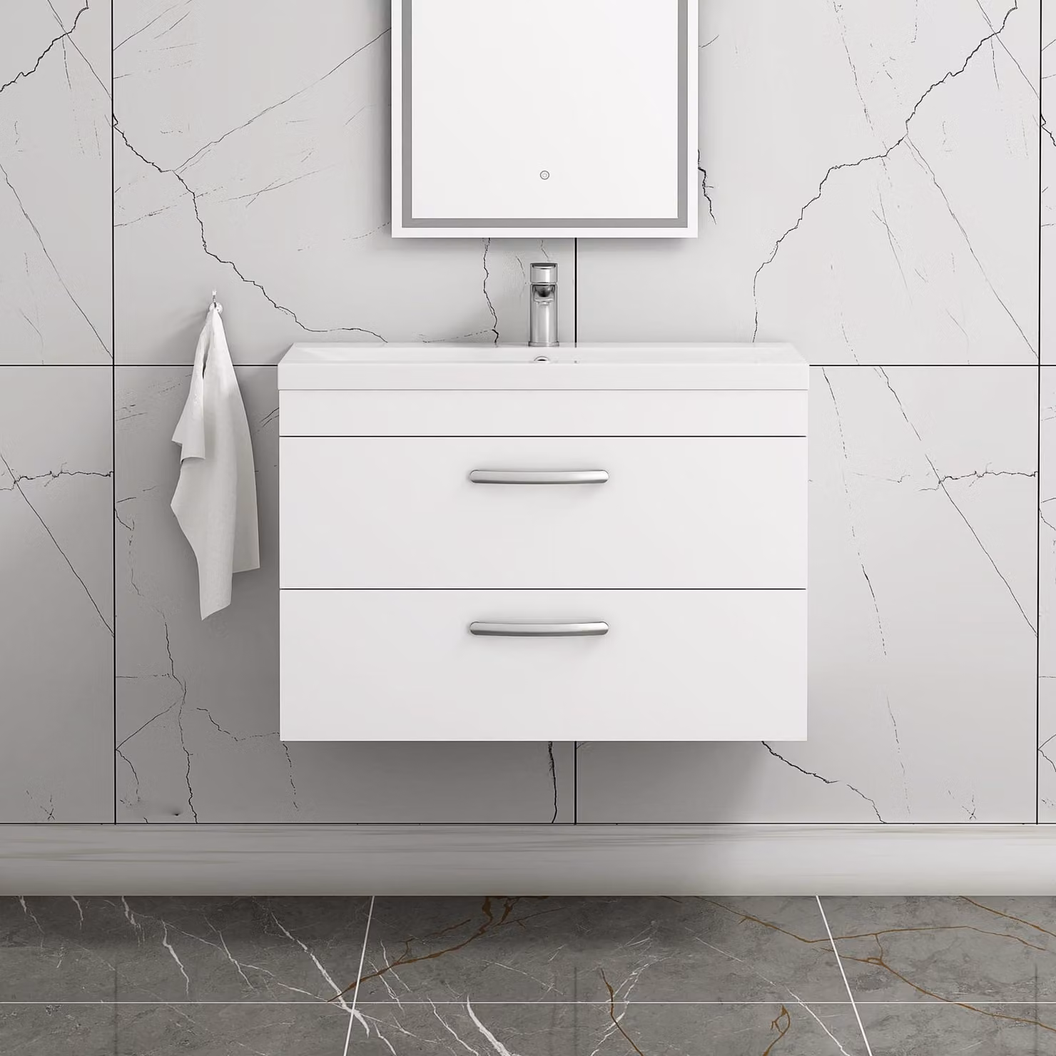 Royal Bathrooms Turin 800mm Wall Hung Gloss White Vanity Unit with 2 Drawers and Mid-Edge Sink