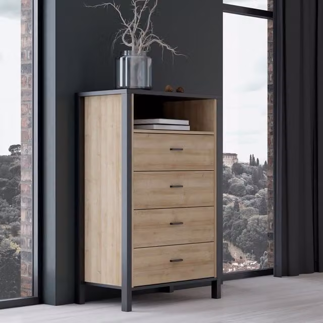 Furniture To Go High Rock Chest of 4 Drawers in Matt Black and Riviera Oak