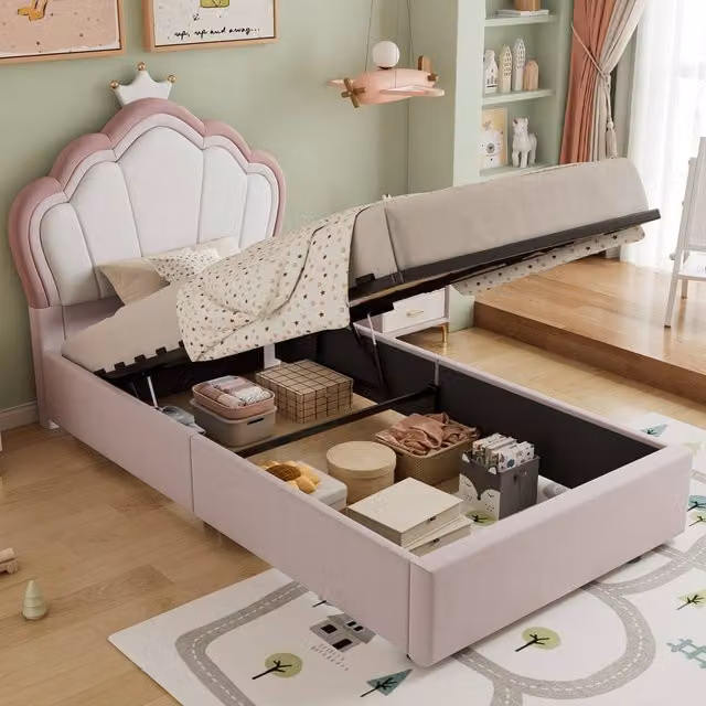 ModernLuxe Pink Velvet Upholstered Kids Single Ottoman Bed with Hydraulic Lift, W/D/H: 90 x 190 x 136 cm – 1