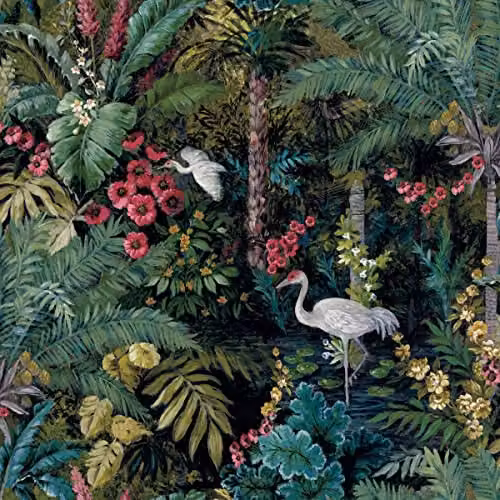 Holden Decor Outside in Jungle Paradise Black and Multicolour Tropical Crane Wallpaper