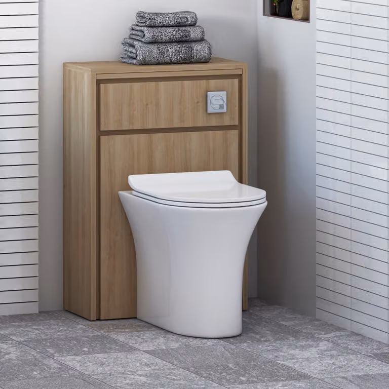 Livora Natural Oak Wall Mounted WC Unit with Breeze Rimless Ceramic Toilet Pan, Slim Soft Close Seat and Cistern, Width: 55.5 cm