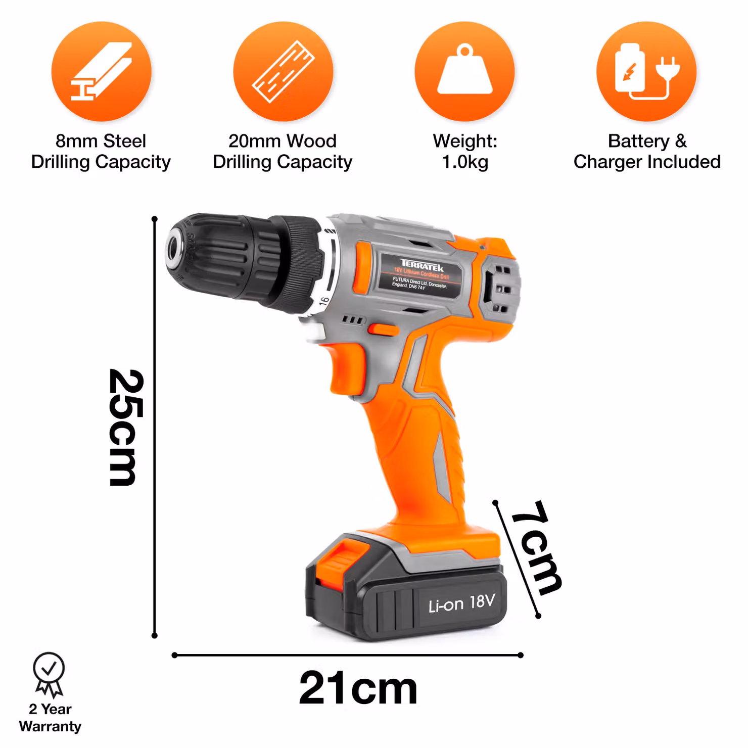 Terratek 89pc 18V Cordless Drill and Drill Bit Set with Battery and Charger, Orange – 4