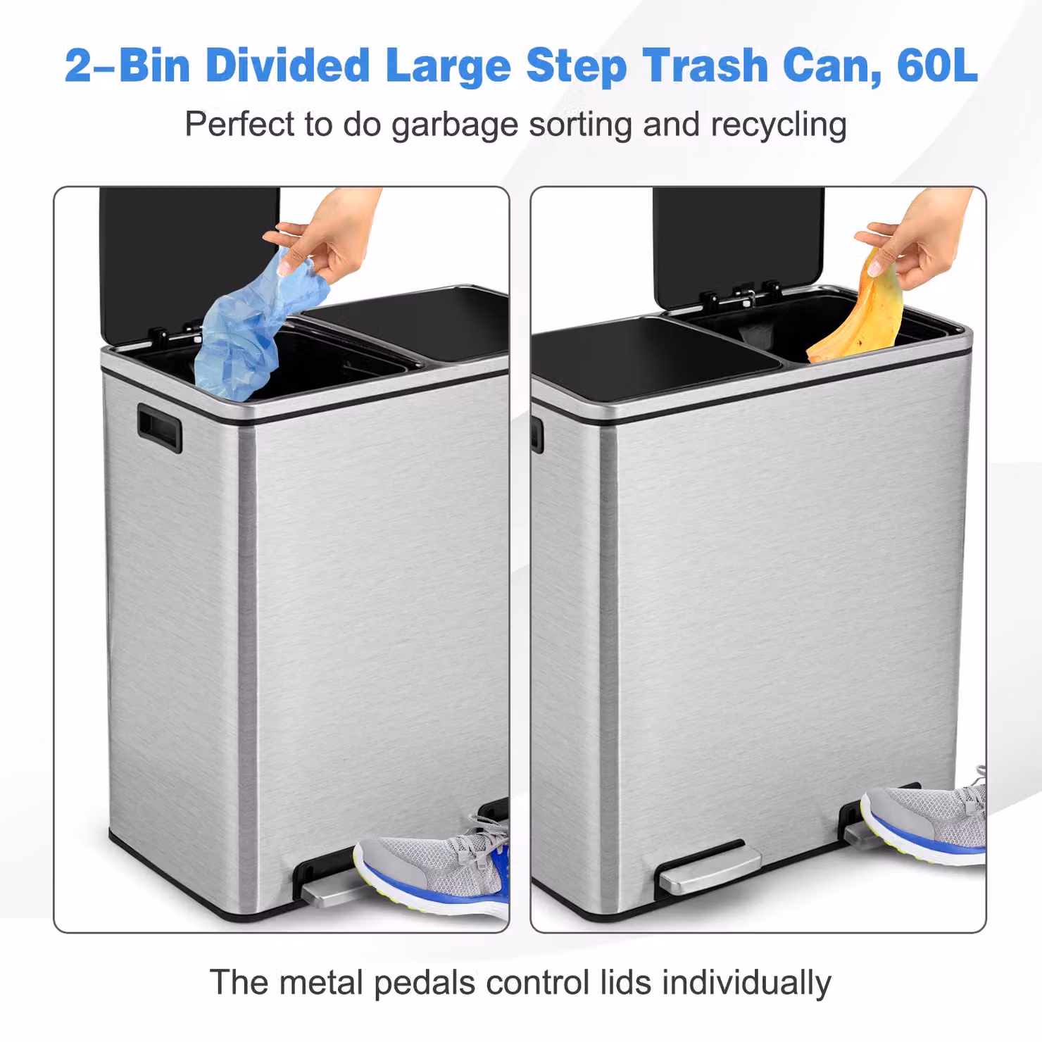 Gymax 60L Double Recycling Pedal Bin with Removable Plastic Inner Buckets in Silver – 2