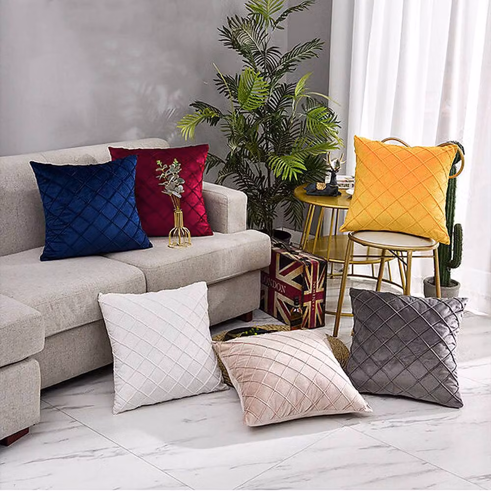 YnysTec Orange Velvet Checked Square Cushion Cover, W: 40 cm x H: 40 cm – 3