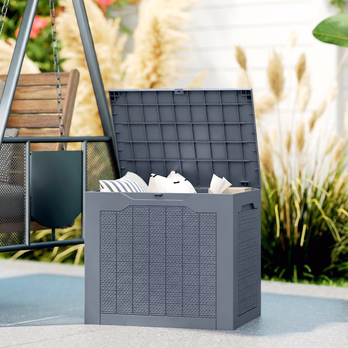 Outsunny 93L Plastic Garden Storage Box with Handles, Light Grey – 2