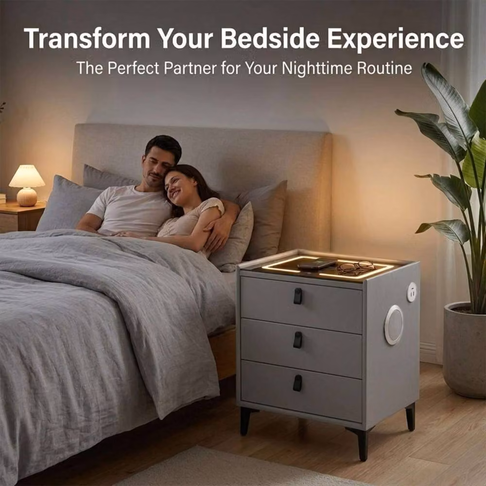 MN Furniture Bedside Table with LED Lighting, Wireless Charging, Bluetooth and 3 Drawers in Grey – 4