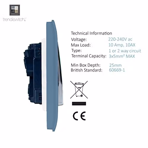 Trendi 2 Gang 2 Way 10 Amp Sky Blue Glossy Plastic Electrical Wall Light Switch with Chrome Rocker – 3