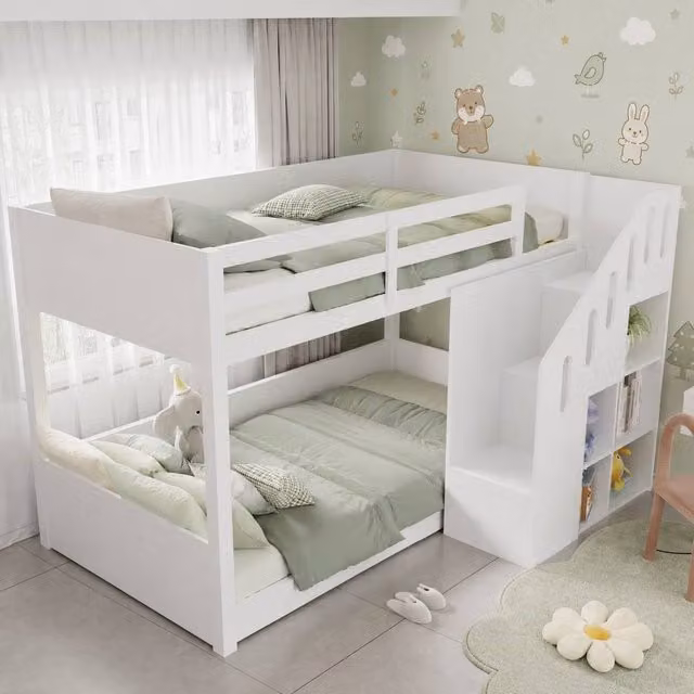 Merax White 3ft Single Staircase Bunk Bed Frame with 6-Cube Storage Shelves, W/D/H: 190 x 90 x 150 cm