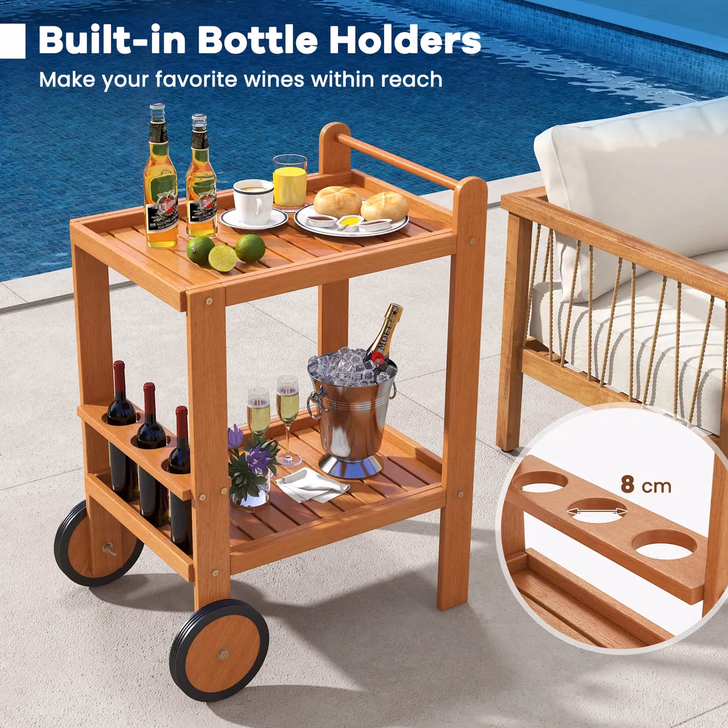Gymax 2-Tier Wood Rolling Bar Cart with Wine Bottle Holders in Beige and Brown – 6