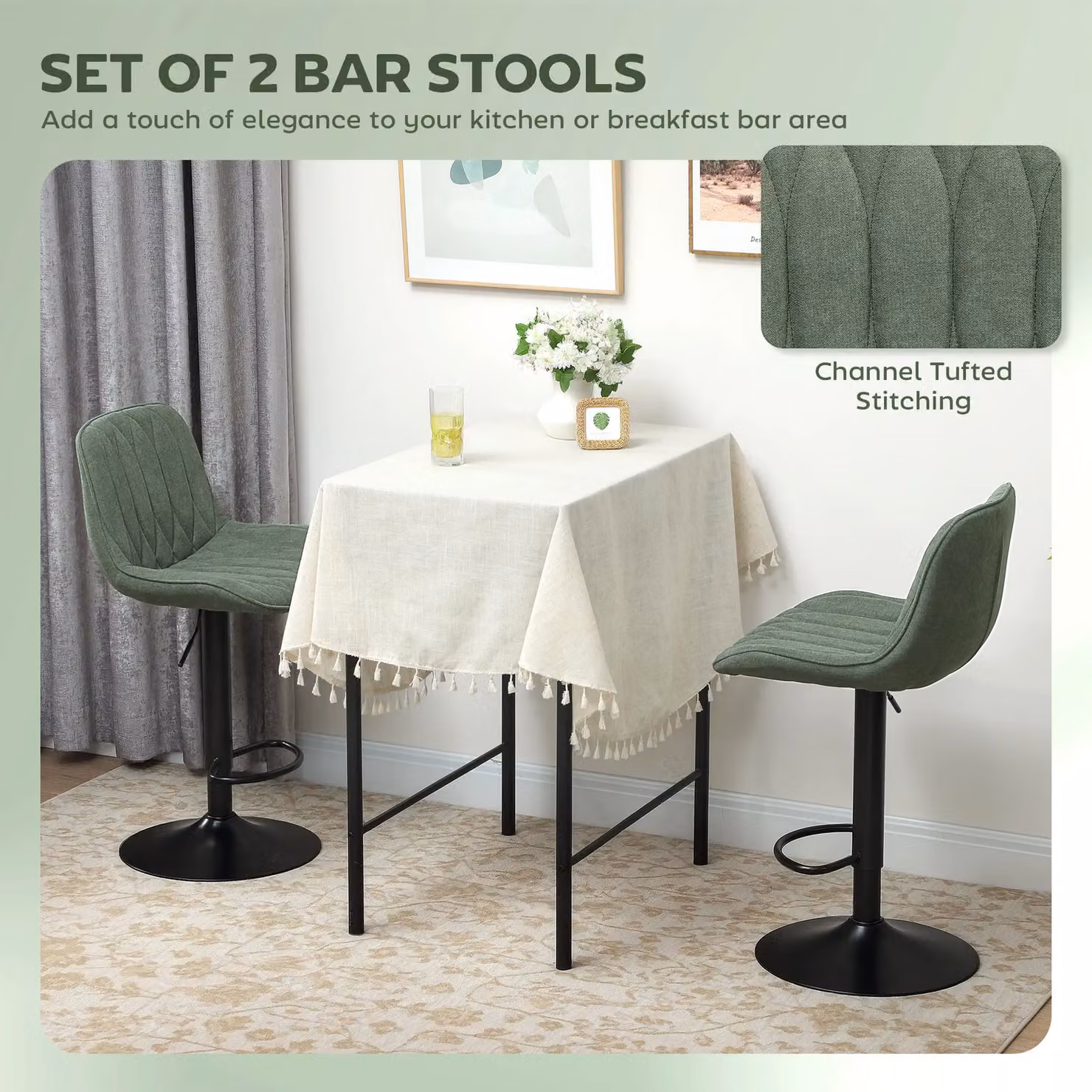 HOMCOM Set of 2 Modern Armless Bar Stools in Green with Upholstered Frame and Metal Legs – 4