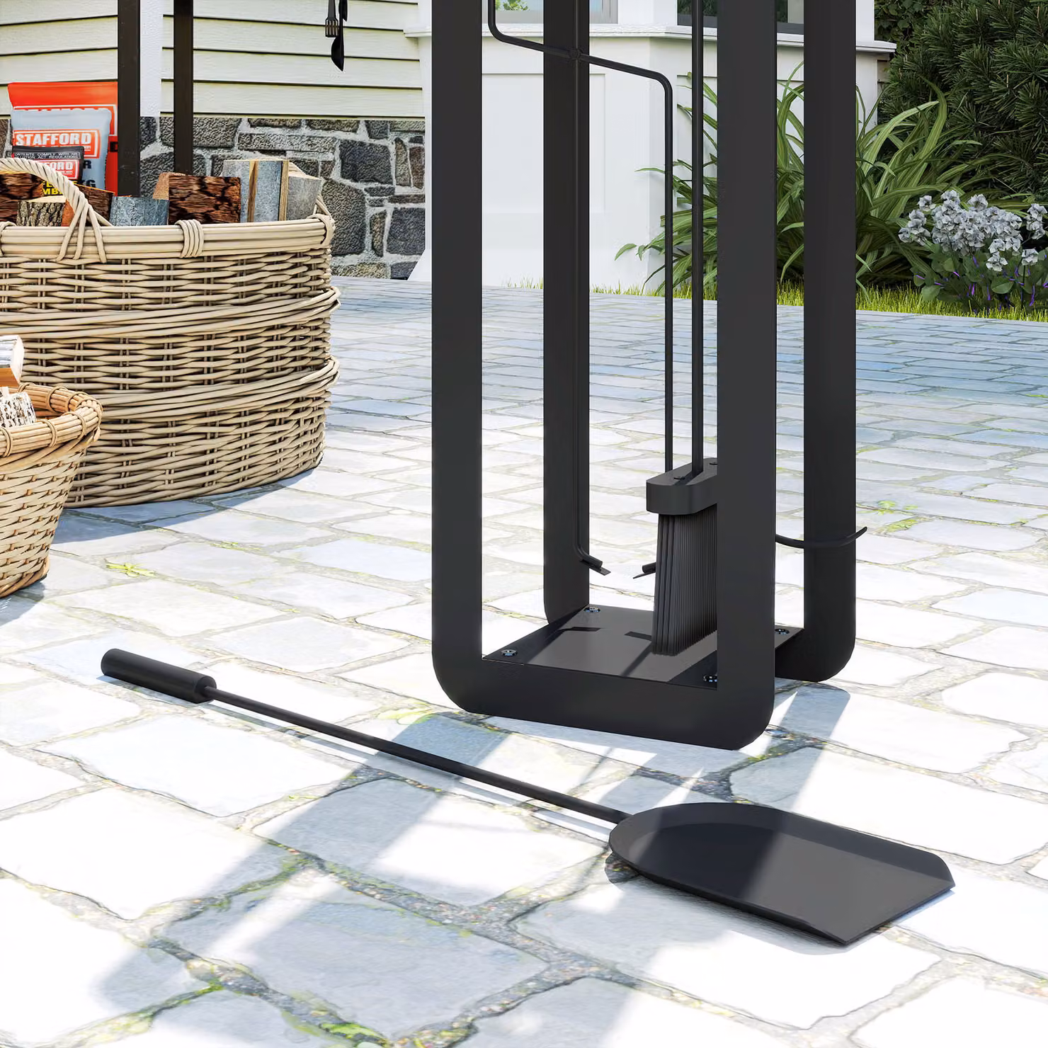 Outsunny 5 Piece Metal Fireplace Companion Set with Brush, Shovel, Poker, Tongs and Stand, Black – 9