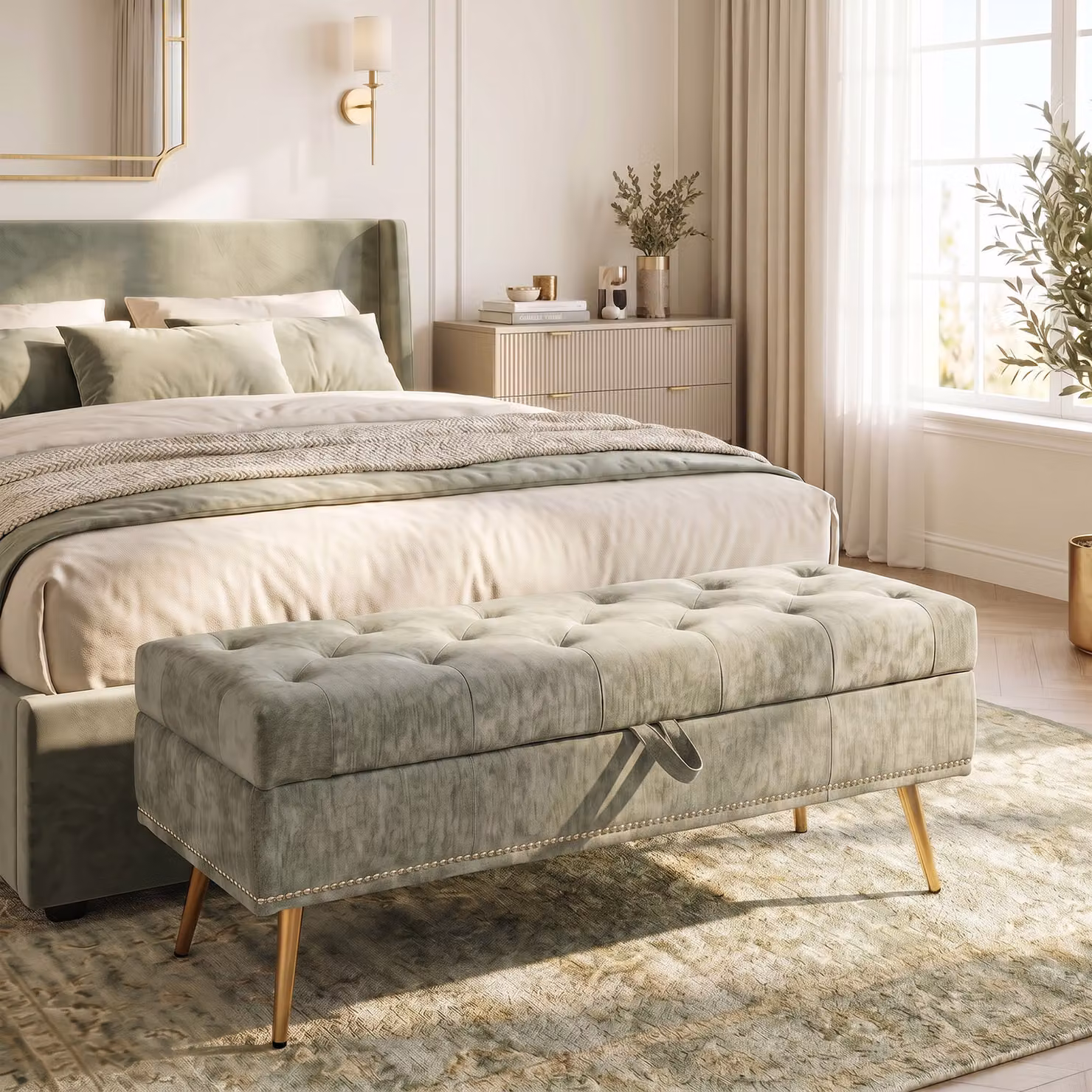 HOMCOM Chenille Upholstered Storage Ottoman with Padded Seat and Metal Legs, Green, W/D/H: 114 x 41 x 45 cm – 2