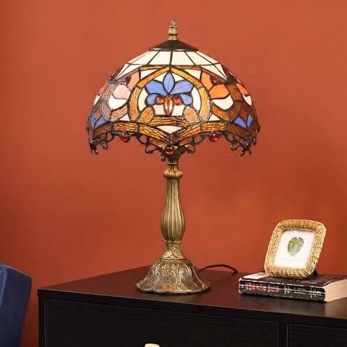 HOMCOM Art Nouveau Stained Glass Tiffany Table Lamp in Blue and Multicolour, W/D/H: 25 x 25 x 45 cm – 5