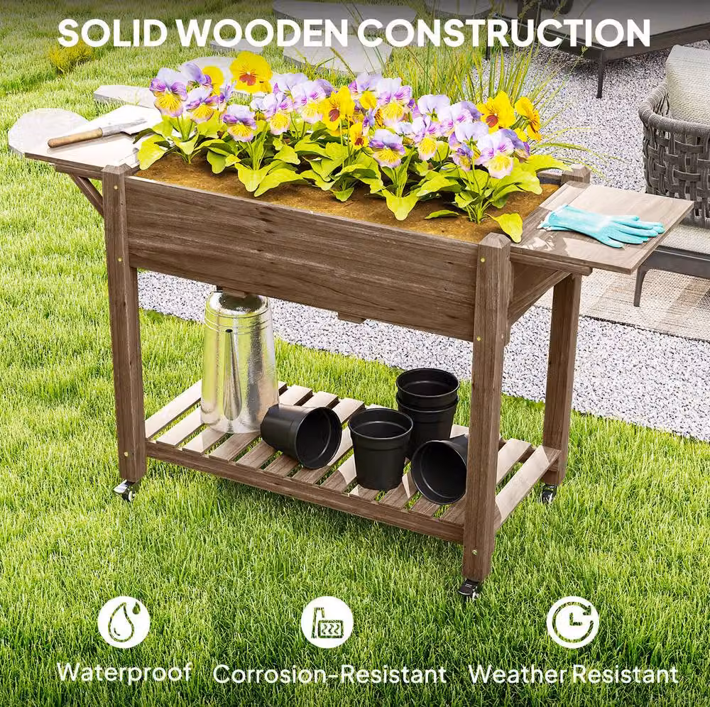 STILVORA Brown Lacquered Wooden Raised Planter with Shelves and Wheels, H 86 x W 52 x D 46 cm – 8