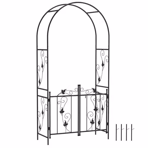 Outsunny Metal Garden Arch with Gate and Trellis, Black, H 217 x W 107 x D 45 cm