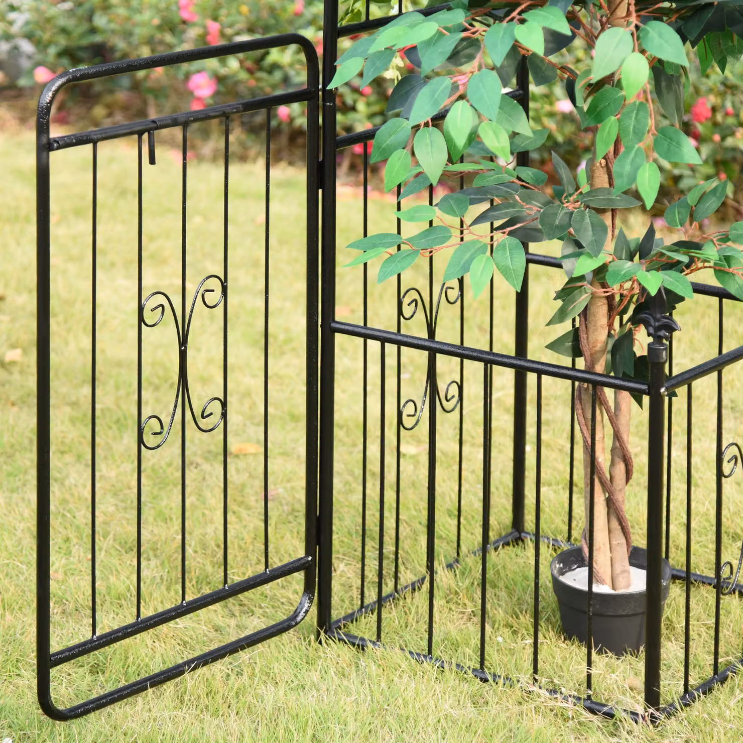 Outsunny Black Metal Arched Garden Gate with Double Doors and Side Planter Baskets for Climbing Vines – 4
