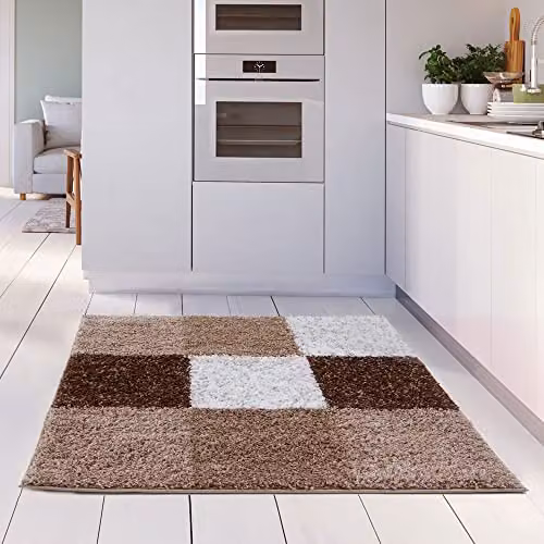 THE RUGS Modern Brown Checked Square Shaggy Area Rug, W/D: 120 x 120 cm – 2