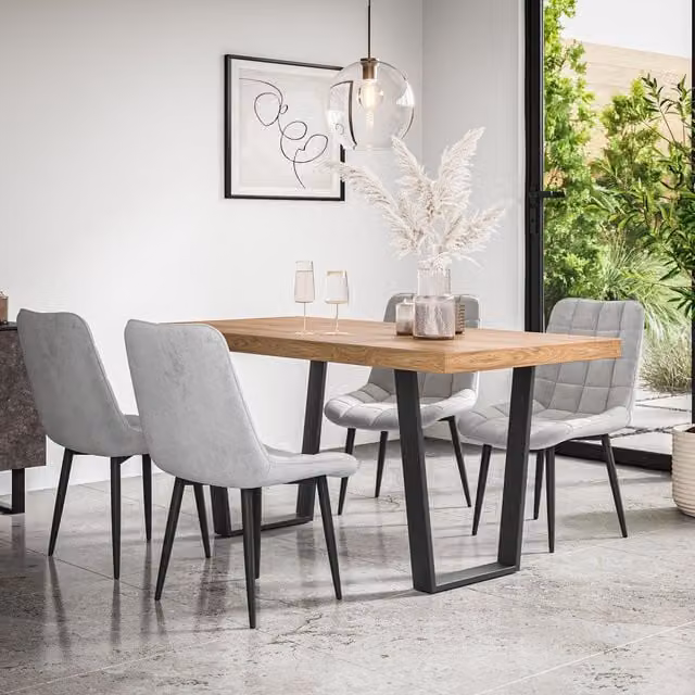 More4Homes Aria Dining Table and Set of 4 Nova Grey Velvet Chairs with Oak Effect Top and Black Legs, W/D/H: 160 x 80 x 76 cm – 1