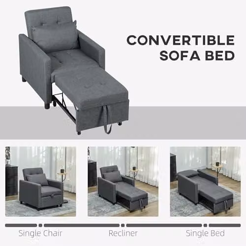 HOMCOM 3 in 1 Convertible Sofa Bed and Sleeper Chair in Grey Fabric with Solid Wood Frame – 4