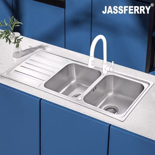 JASSFERRY Reversible Double Bowl Built-in Stainless Steel Kitchen Sink in Silver, W: 116 cm x D: 50 cm x H: 20 cm – 1