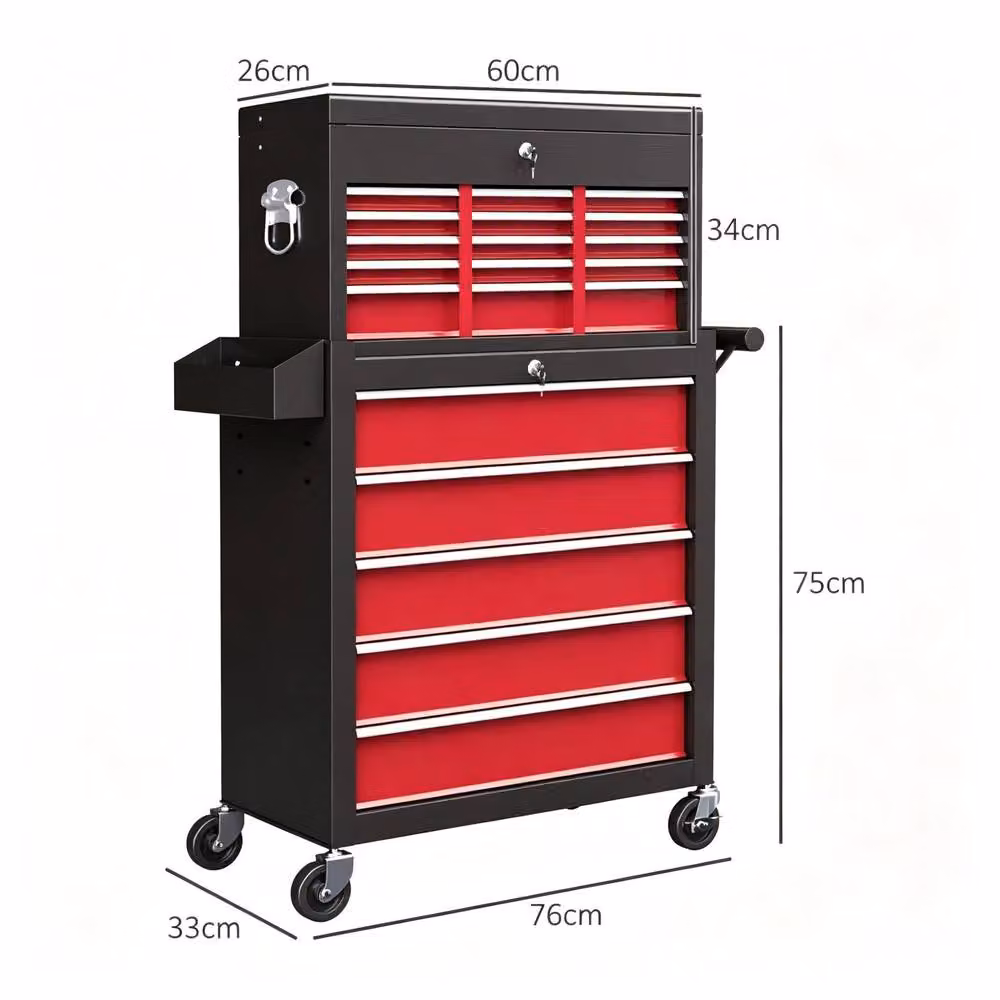 STILVORA Steel Tool Storage Chest with 14 Lockable Drawers and Wheels, Red, H 76 cm x W 60 cm x D 75 cm – 4