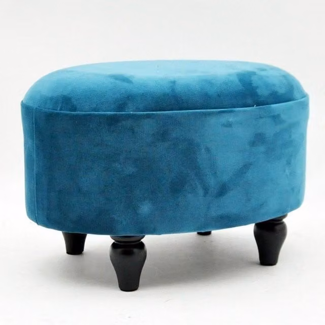 Minster Oval Velvet Footstool in Blue, W: 40 cm, D: 27 cm, H: 30 cm